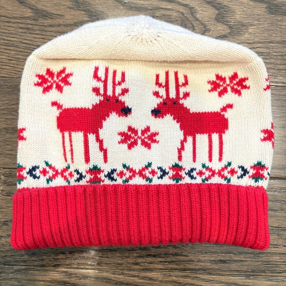 Hanna‎ Andersson Kids Reindeer Fair Isle Knit Beanie Hat Red Cream Size S